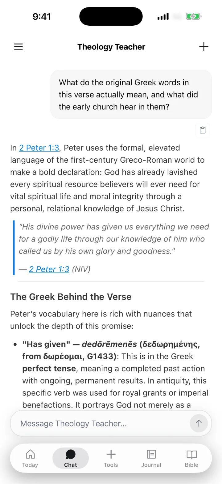 The Theology Teacher chat answering a question with the original Greek and commentary