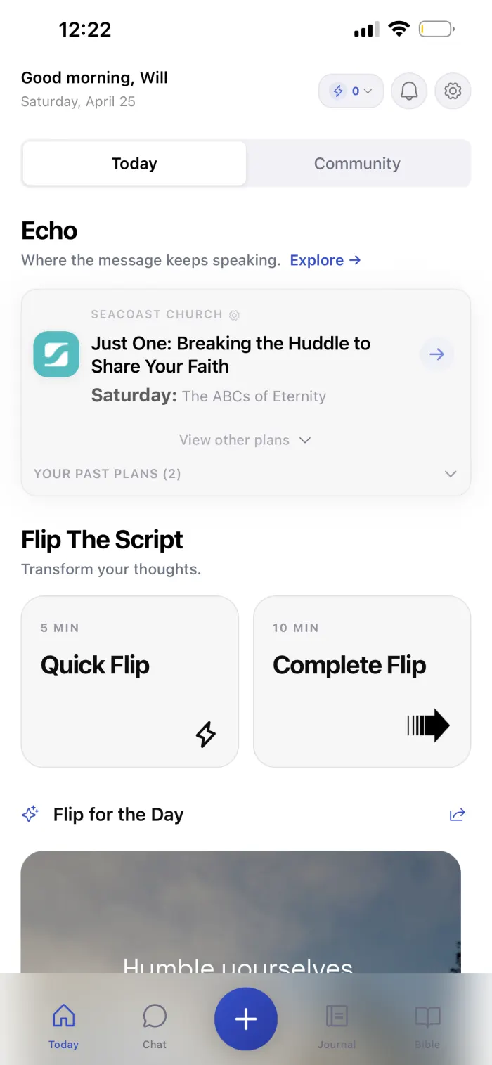 The Today screen in Flip the Script: Echo card with this week's Seacoast Church plan