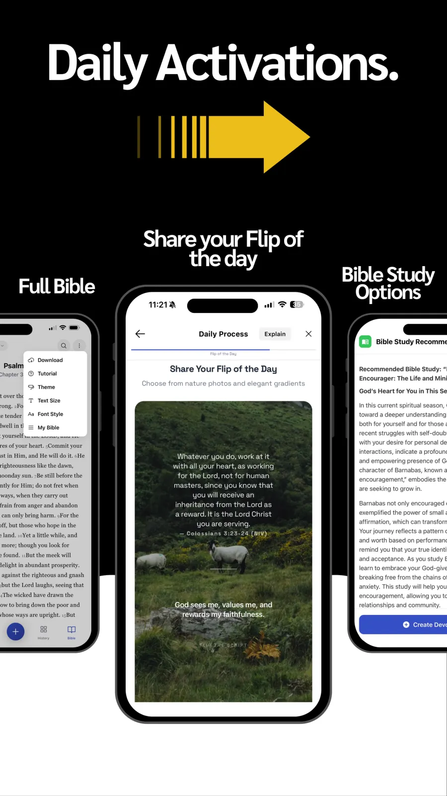 Daily Activations: three iPhone screens showing Share your Flip of the day, Full Bible, and Bible study options