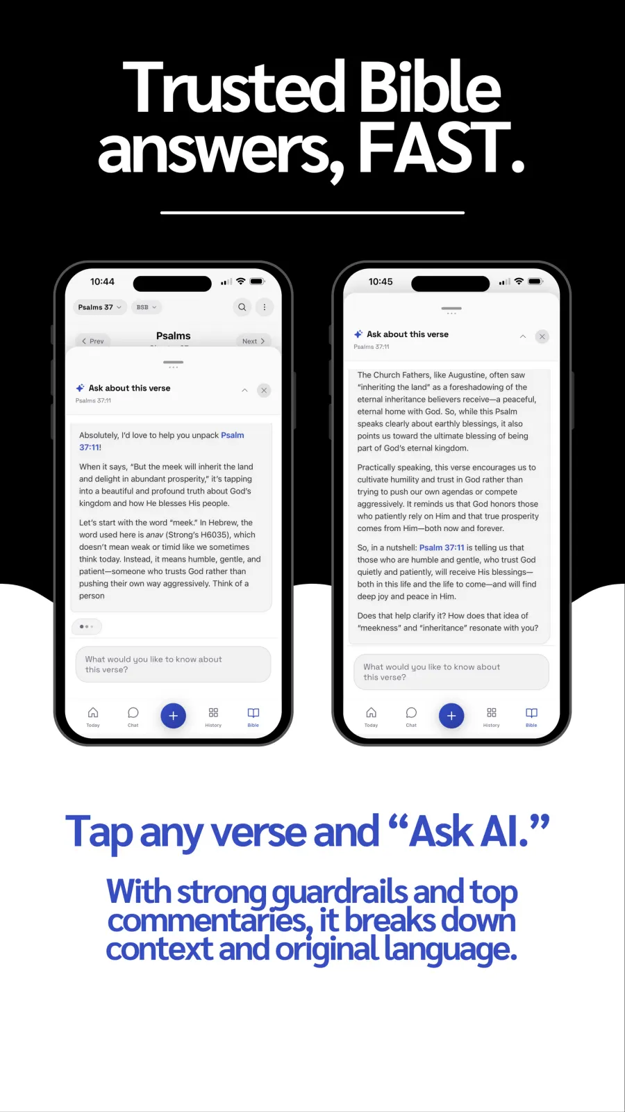 Trusted Bible answers, fast: two iPhone screens showing the Ask AI feature